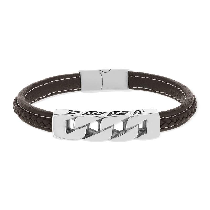 Bracelet cuir brun acier 21,5 cm - vue 1
