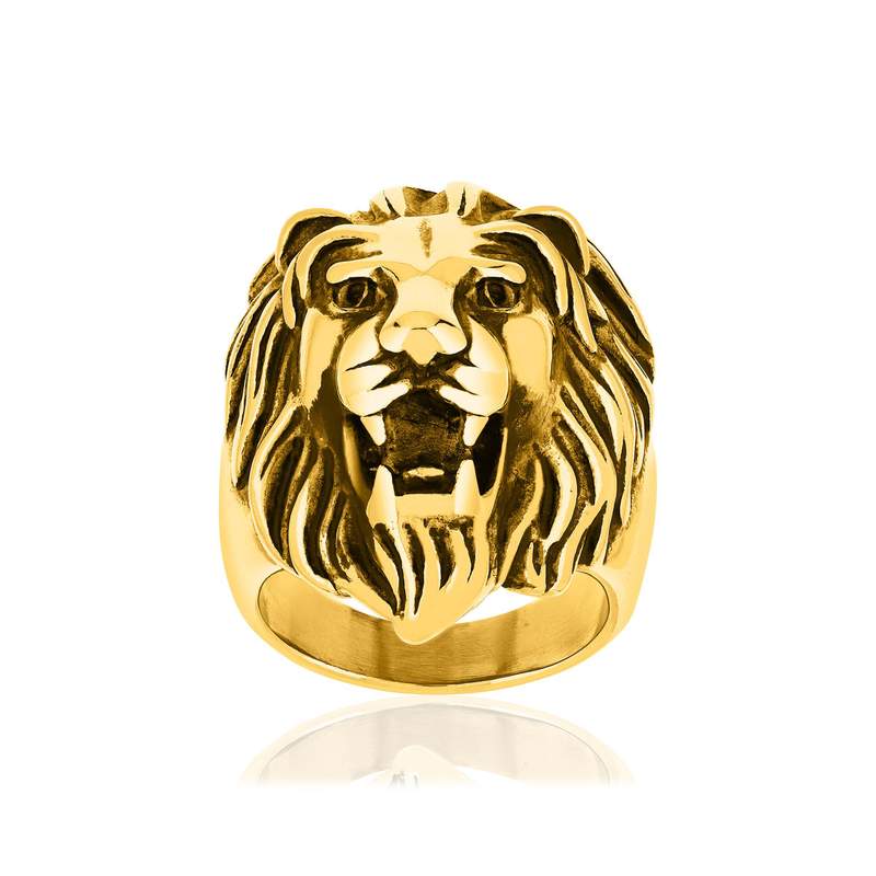 Bague acier jaune tête de lion - vue 1