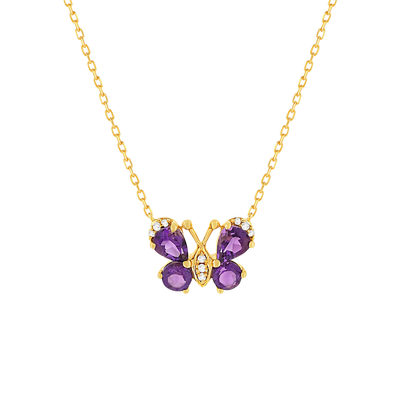 Collier or jaune 375, motif papillon, améthystes, diamants. - vue 1