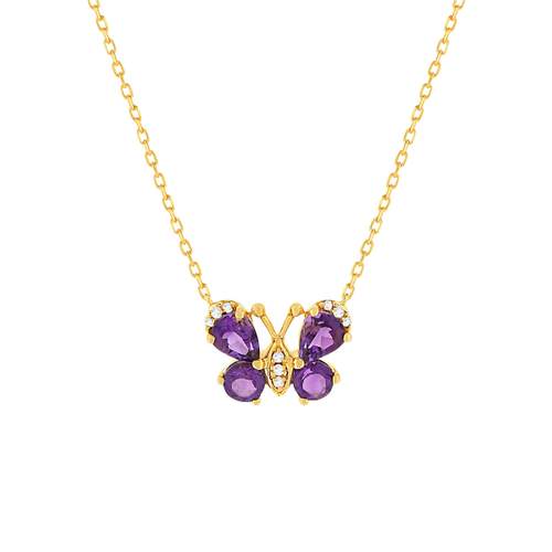 Collier or jaune 375, motif papillon, améthystes, diamants.