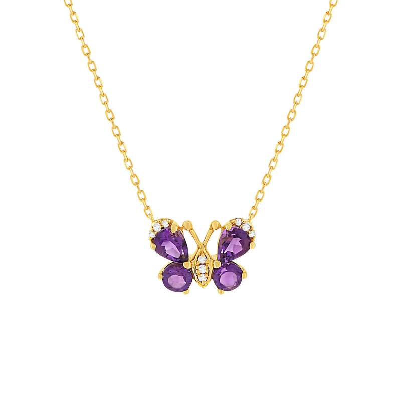 Collier or jaune 375, motif papillon, améthystes, diamants. - vue 1