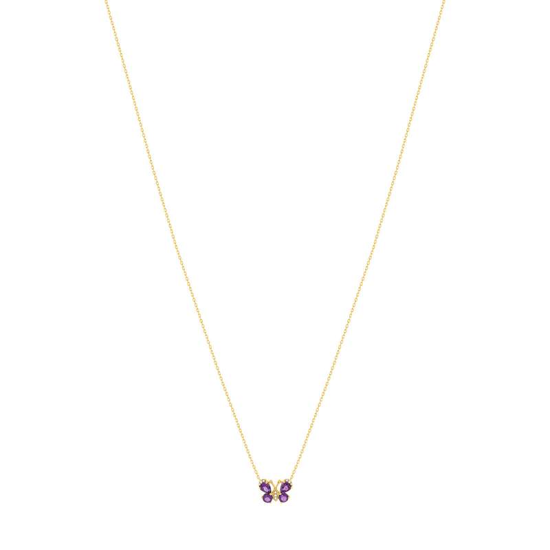 Collier or jaune 375, motif papillon, améthystes, diamants. - vue 2