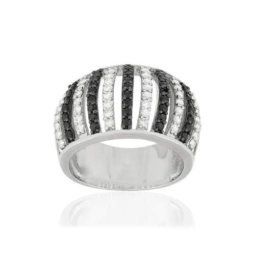 Bague argent 925 et ruthénium noir, spinelles noires et zirconias
