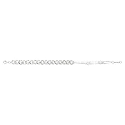Bracelet argent 925 maille gourmette, double chaine coeur, zirconias 19 cm - vue 1