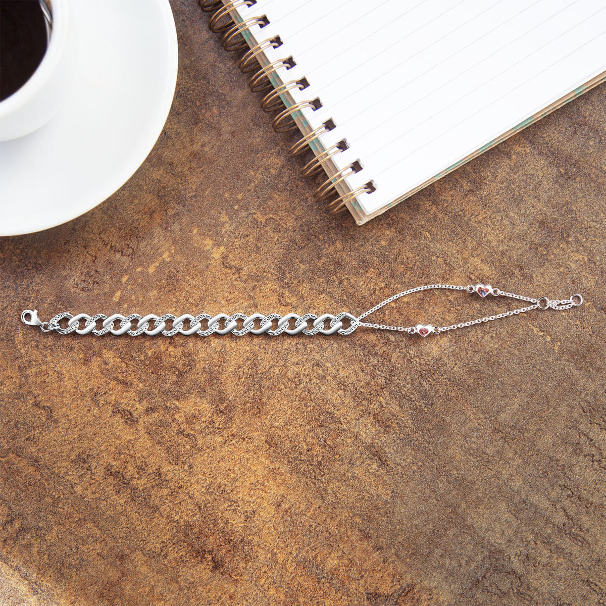 Bracelet argent 925 maille gourmette, double chaine coeur, zirconias 19 cm - vue D3