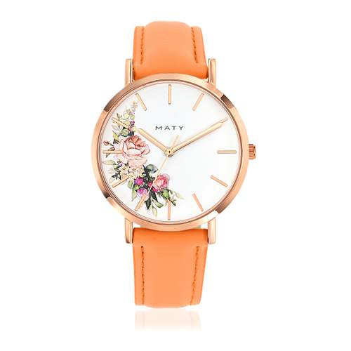 Montre dorée rose bracelet cuir orange