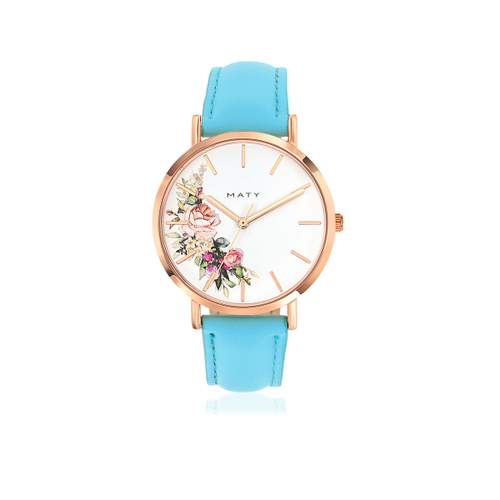 Montre dorée rose bracelet cuir bleu