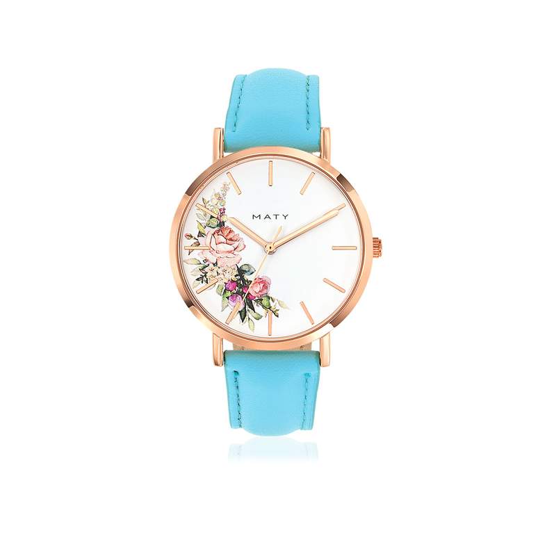 Montre dorée rose bracelet cuir bleu - vue 1