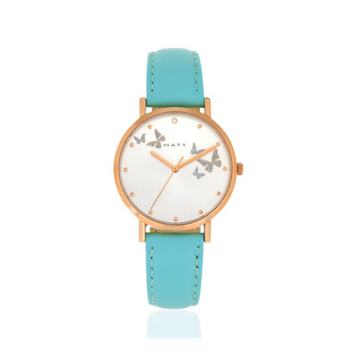 Montre metal doré rose cuir bleu