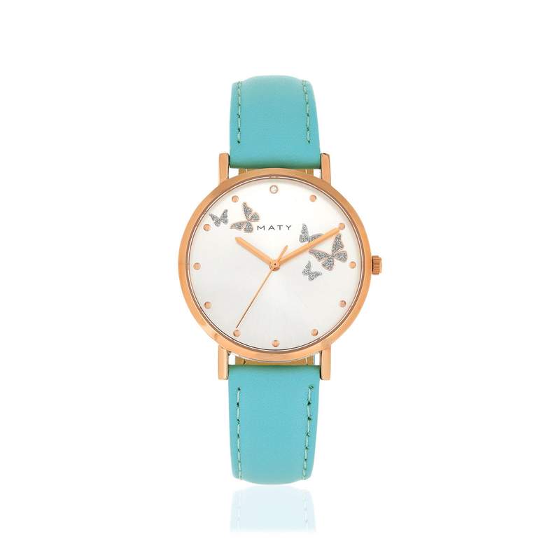 Montre metal doré rose cuir bleu - vue 1