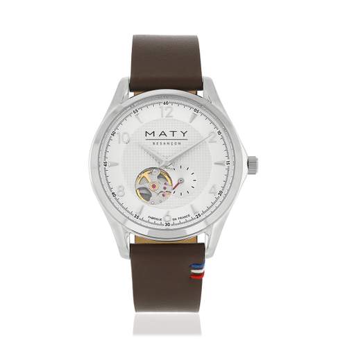 Men's watch open heart automatic steel brown leather strap