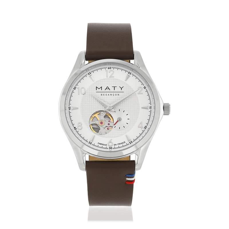 Montre homme coeur ouvert automatique acier bracelet cuir marron - vue 1
