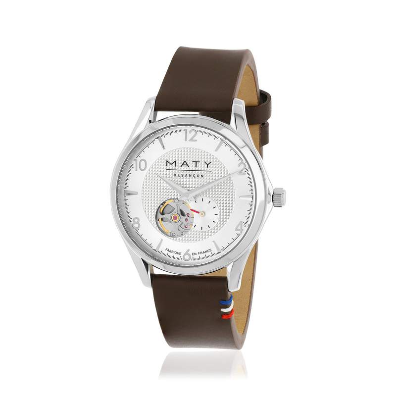 Montre homme coeur ouvert automatique acier bracelet cuir marron - vue D1