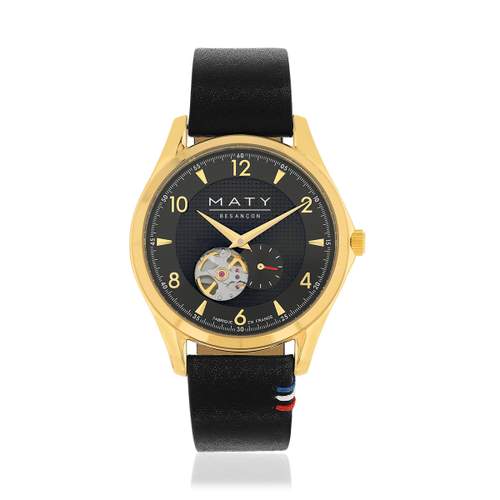 Montre homme coeur ouvert automatique acier doré bracelet cuir noir