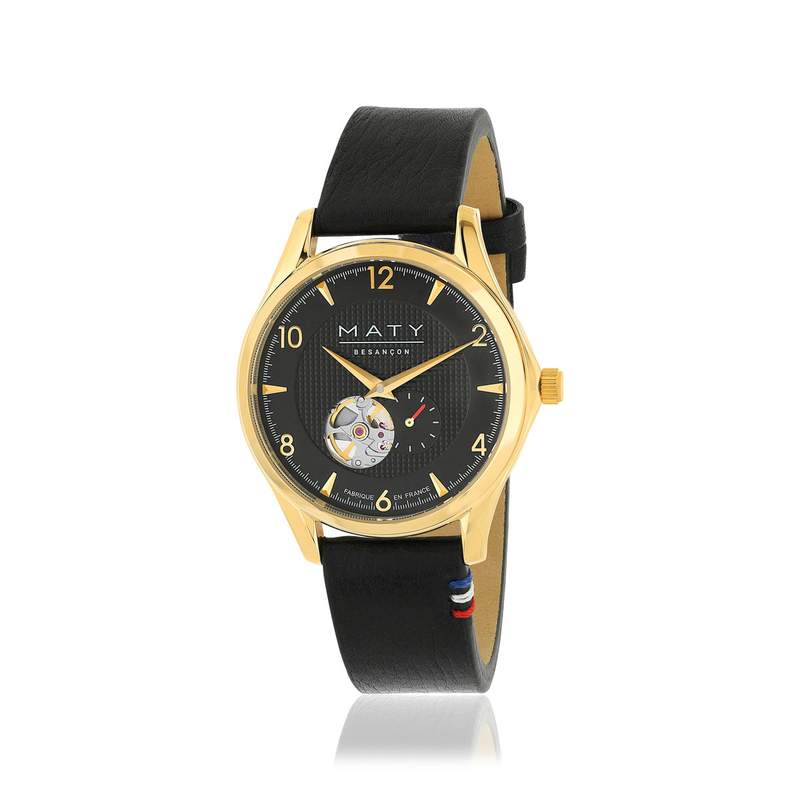 Montre homme coeur ouvert automatique acier doré bracelet cuir noir - vue 2
