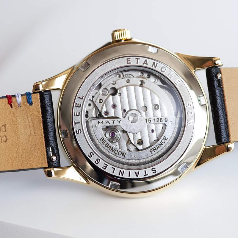 Montre homme coeur ouvert automatique acier doré bracelet cuir noir - vue D2