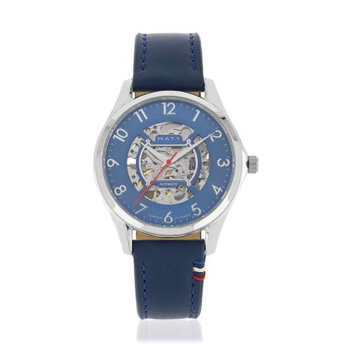 Montre homme squelette automatique acier bracelet cuir bleu