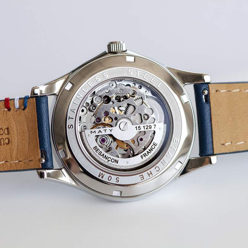 Montre homme squelette automatique acier bracelet cuir bleu - vue D2