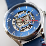 Montre homme squelette automatique acier bracelet cuir bleu - vue D3