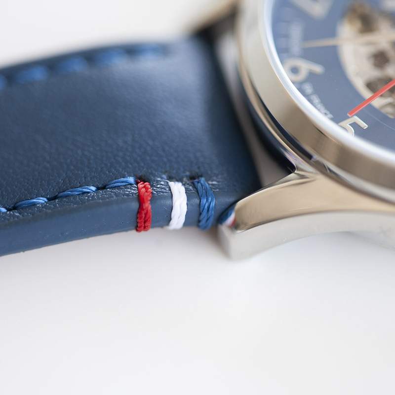 Montre homme squelette automatique acier bracelet cuir bleu - vue D4
