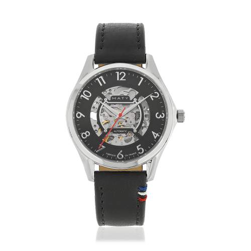 Montre homme squelette automatique acier bracelet cuir noir