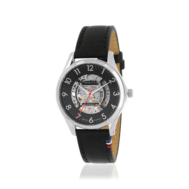 Montre homme squelette automatique acier bracelet cuir noir - vue 2