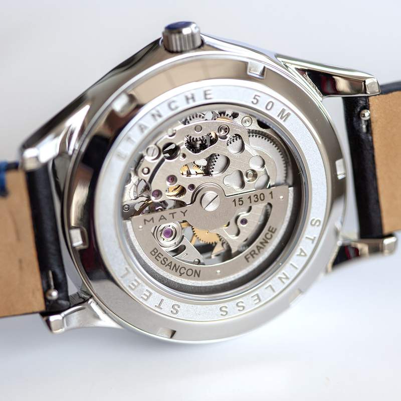 Montre homme squelette automatique acier bracelet cuir noir - vue D2