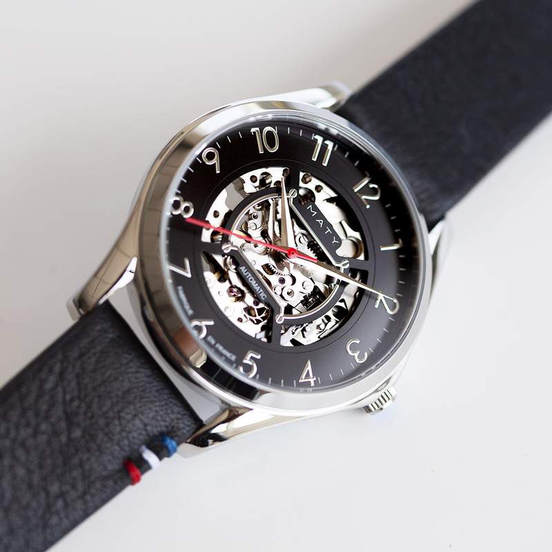 Montre homme squelette automatique acier bracelet cuir noir - vue D3