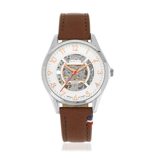Montre homme squelette automatique acier bracelet cuir marron