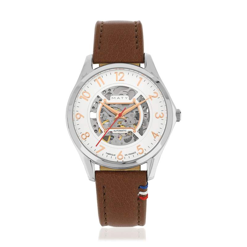Montre homme squelette automatique acier bracelet cuir marron - vue 1
