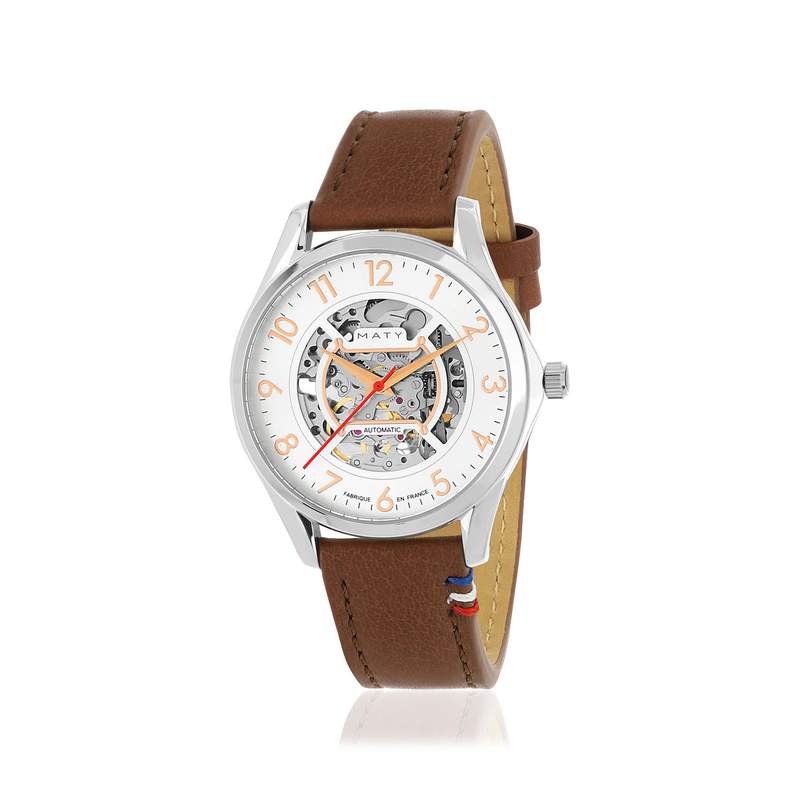 Montre homme squelette automatique acier bracelet cuir marron - vue D1
