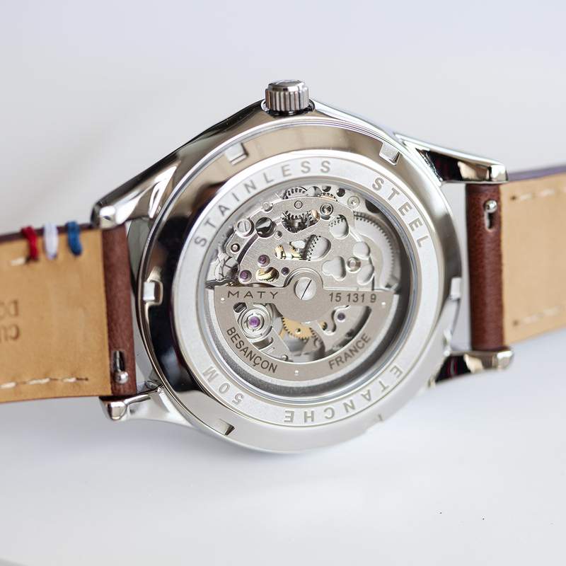 Montre homme squelette automatique acier bracelet cuir marron - vue D2