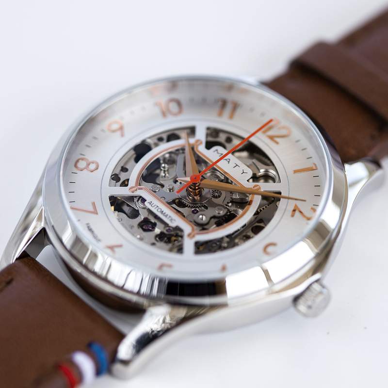 Montre homme squelette automatique acier bracelet cuir marron - vue D3