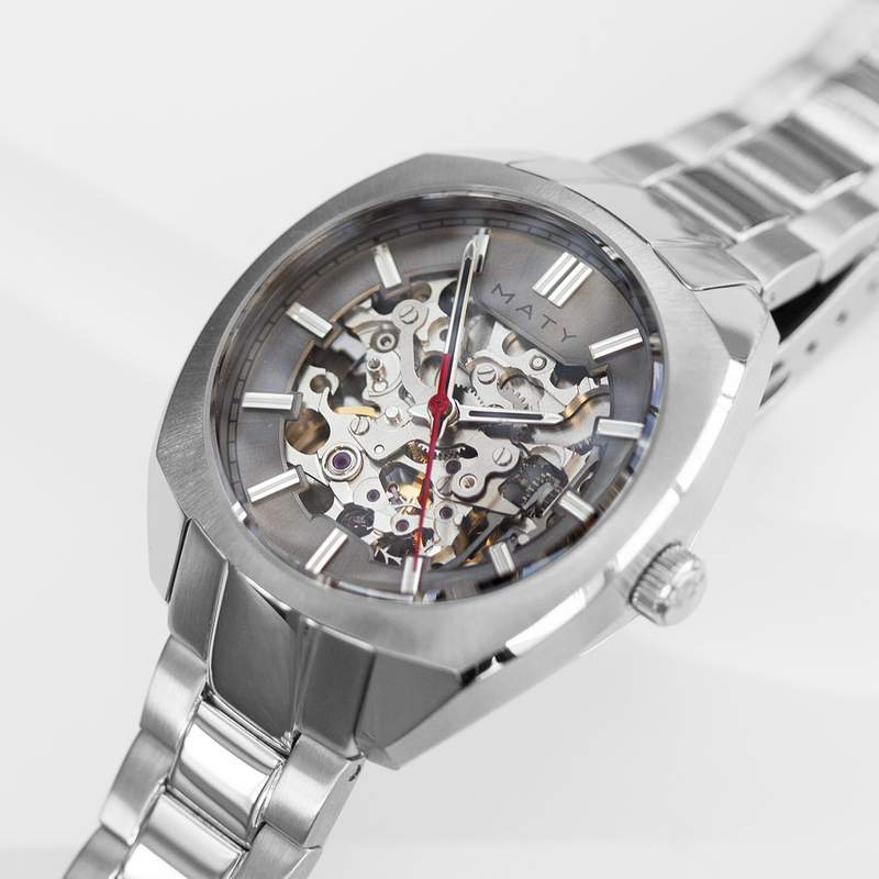Gecombineerd automatisch stalen skelethorloge met stalen armband - bekijk D3