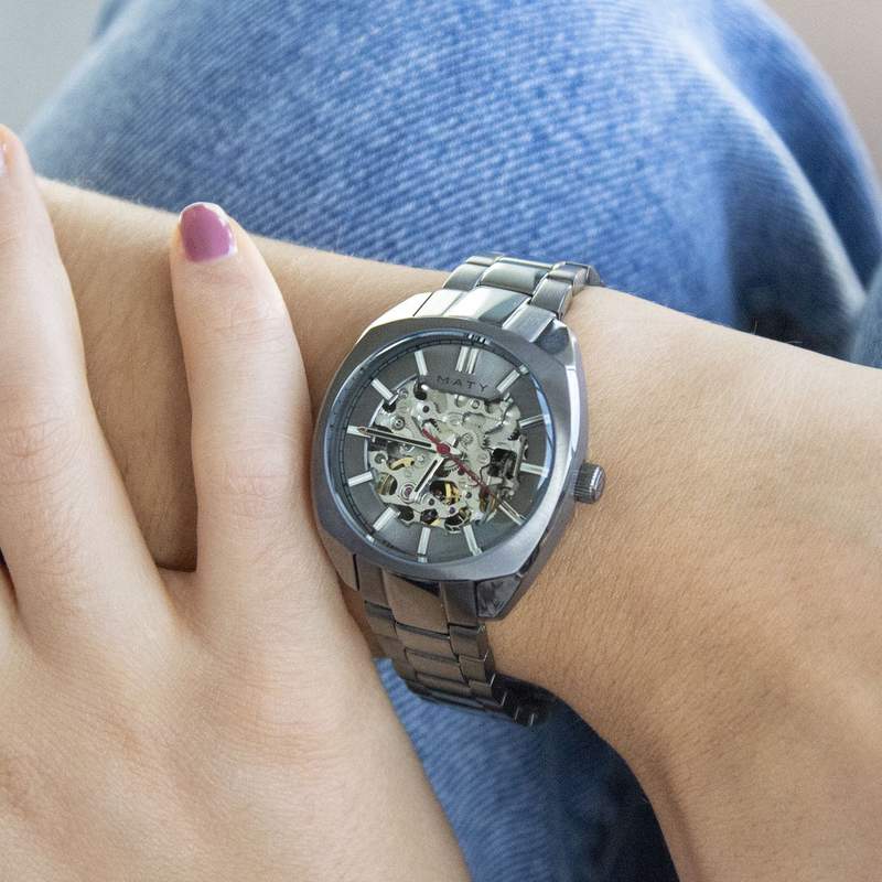 Montre mixte squelette automatique acier bracelet acier - vue porté 2
