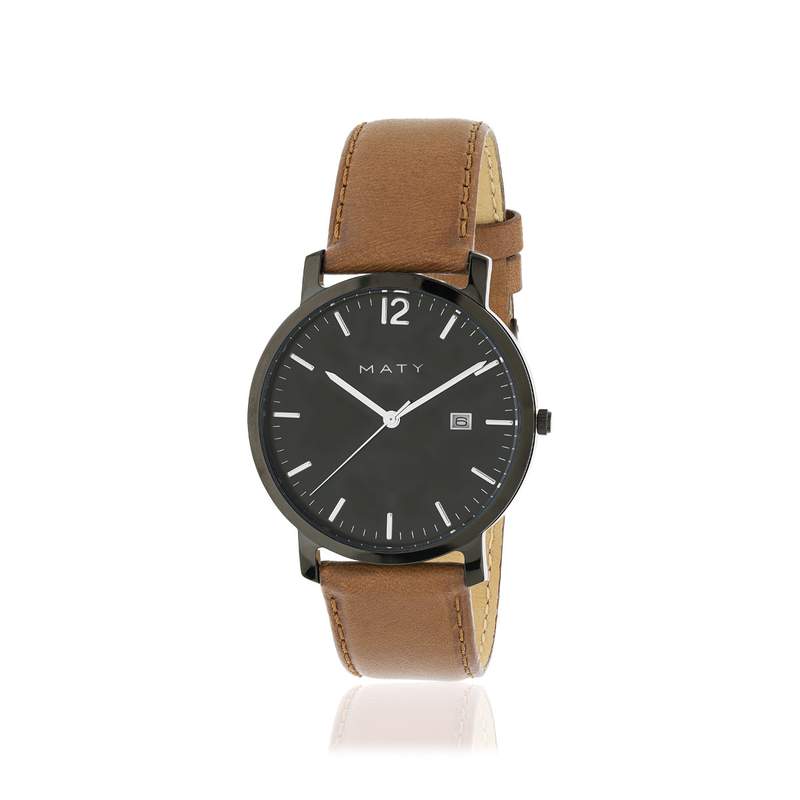 Montre homme acier noir bracelet cuir marron - vue 1