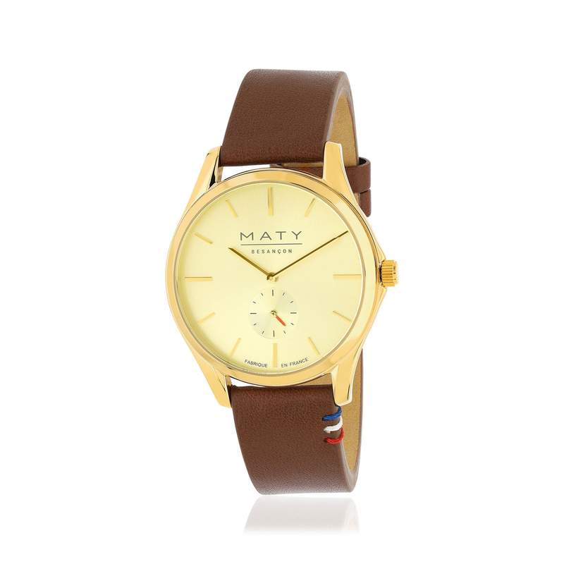 Montre homme acier doré bracelet cuir marron - vue 2