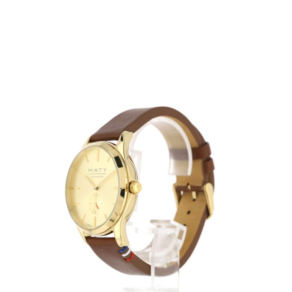 Montre homme acier doré bracelet cuir marron - vue 4