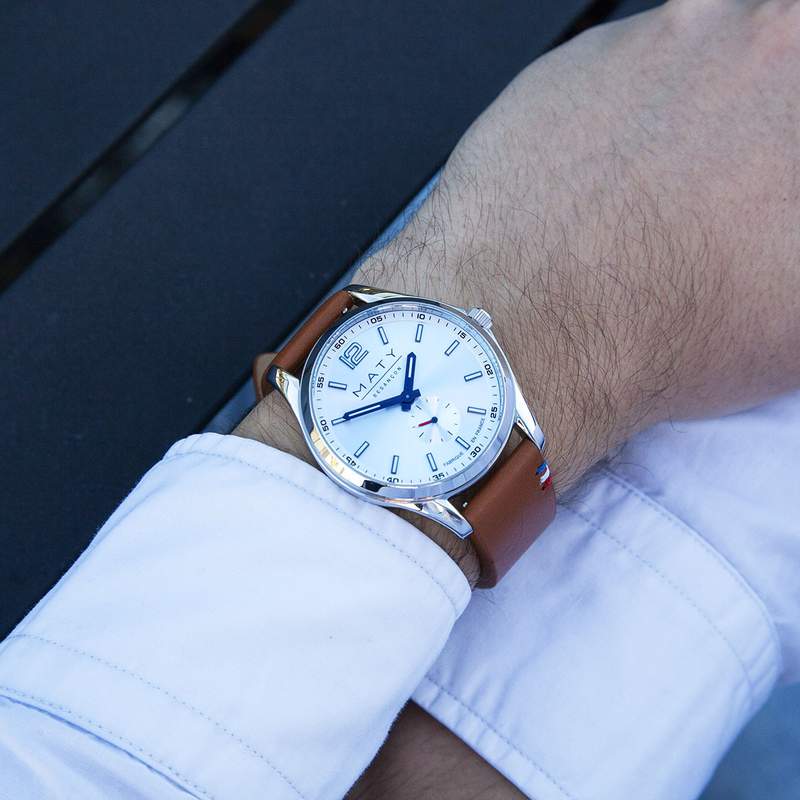 Montre homme acier bracelet cuir marron - vue porté 3