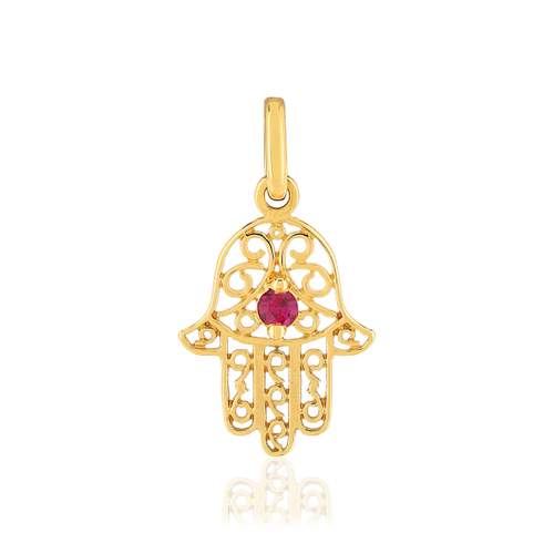 Pendentif main de fatma or jaune 750 rubis