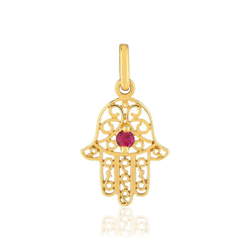 Pendentif main de fatma or jaune 750 rubis - vue 1