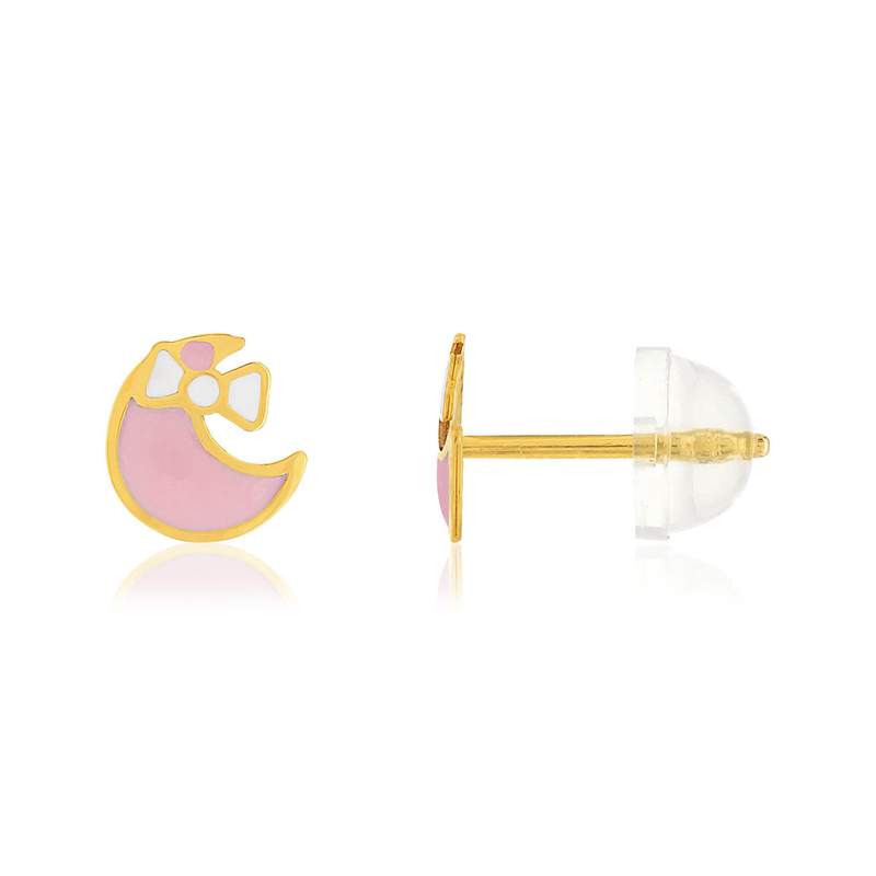 Boucles d'oreilles or jaune 375, laque. Motif lune et noeud. - vue 1