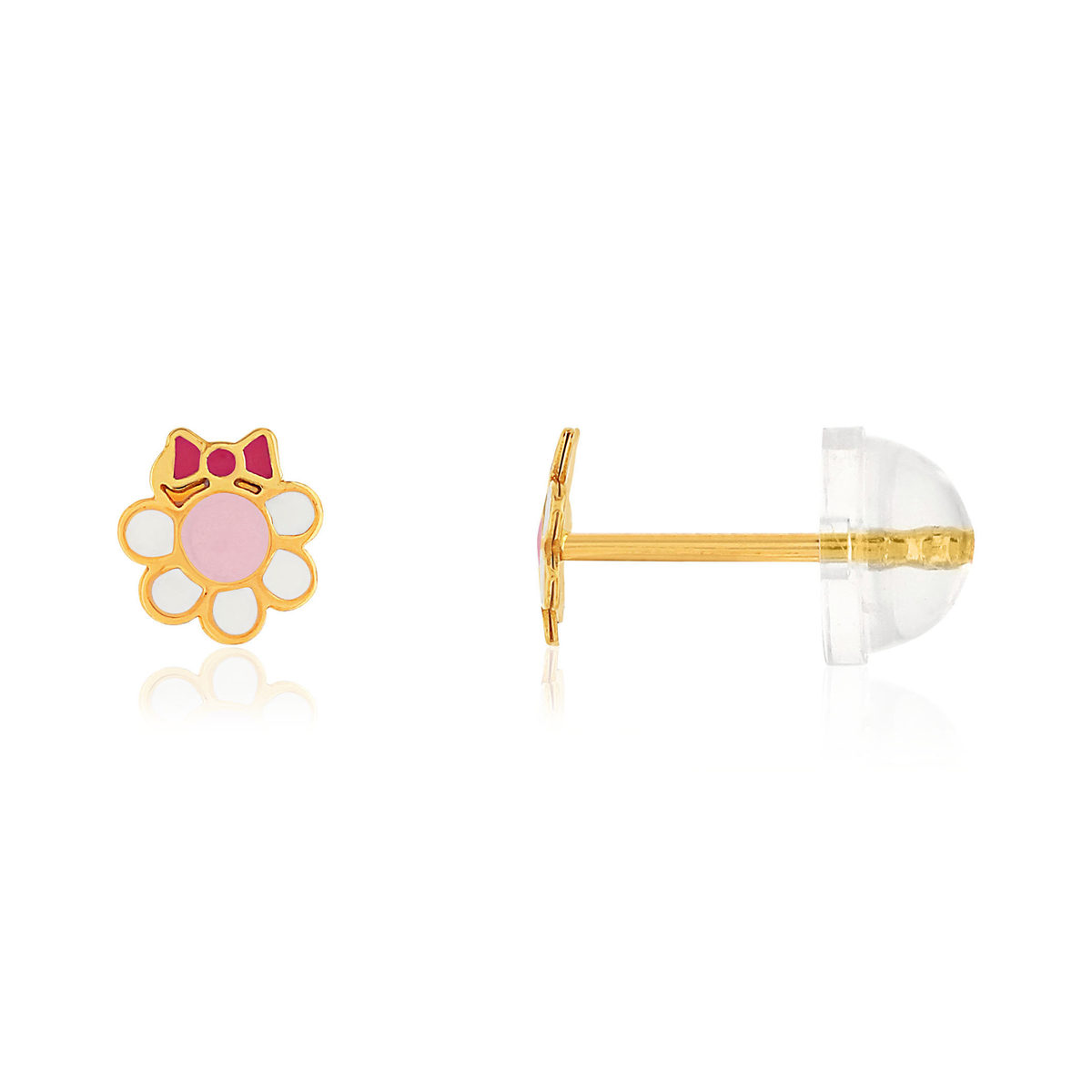 Boucles d'oreilles or jaune 375, laque. Motif fleur et noeud.