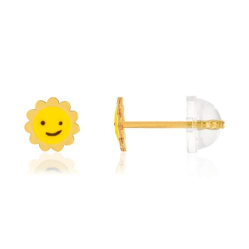 Boucles d'oreilles or jaune 375, laque. Motif soleil.