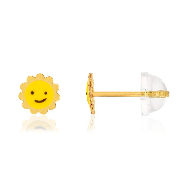 Boucles d'oreilles or jaune 375, laque. Motif soleil. - vue 1
