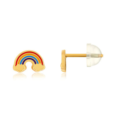 Earrings in 375 yellow gold, lacquer. Rainbow motif.