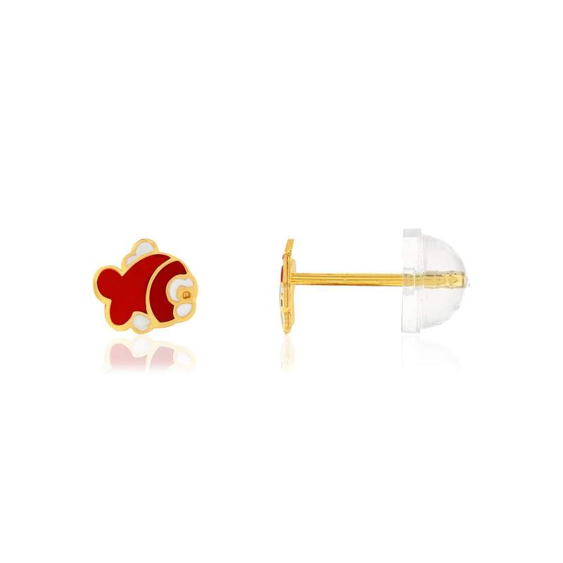 Boucles d'oreilles or jaune 375, laque. Motif poisson rouge. - vue 1