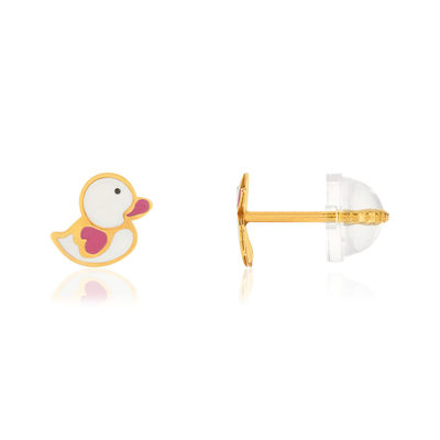 Earrings, yellow gold 375, lacquer. Duck motif.