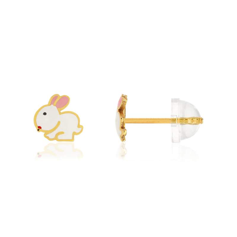 Boucles d'oreilles or jaune 375, laque. Motif lapin. - vue 1