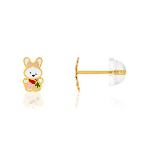 Boucles d'oreilles or jaune 375, laque. Motif lapin.